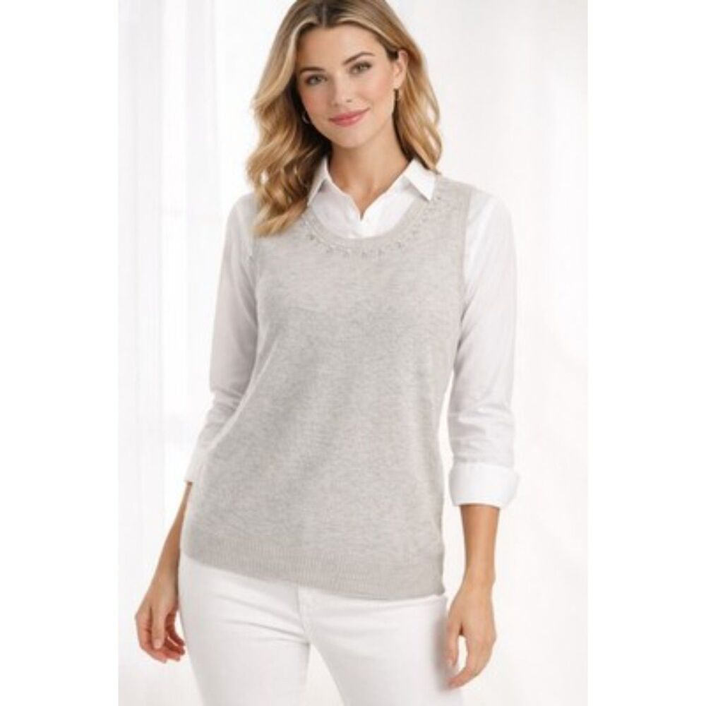 George ME | Gray Beaded Neckline Sweater Vest Lambswool Cashmere Grandma 18/20W